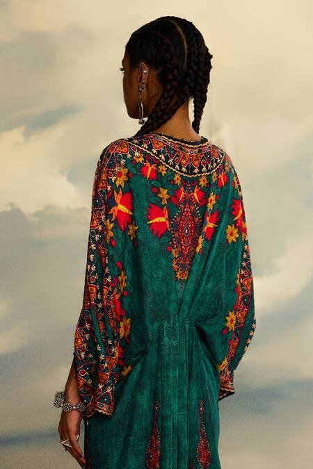Buy_Rajdeep Ranawat_Green Silk Sequins, Mirrors V-neck Rasika Maya Bloom Print And Embroidered Kaftan 