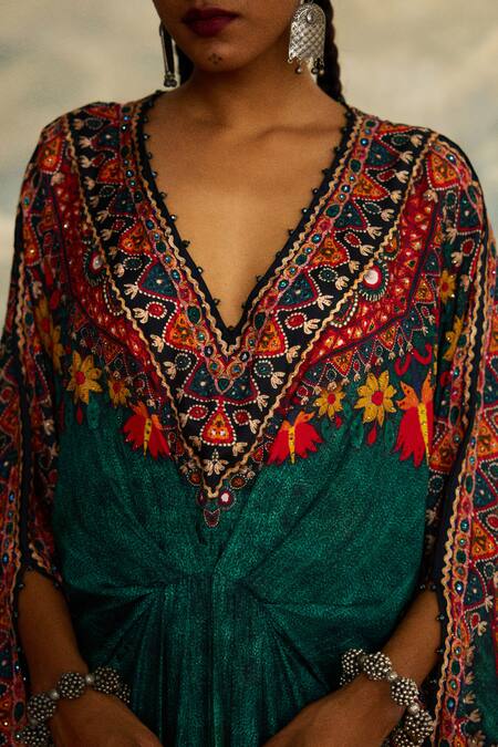 Shop_Rajdeep Ranawat_Green Silk Sequins, Mirrors V-neck Rasika Maya Bloom Print And Embroidered Kaftan 