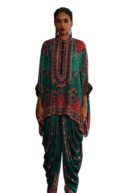 Rajdeep Ranawat Green Modal, Satin Mirrors, Afgaan Oceanic Flora Print And Afghani Dhoti Pant Online at Aza Fashions Rajdeep Ranawat_Green Modal, Satin Mirrors, Afgaan Oceanic Flora Print And Afghani Dhoti Pant _Online_at_Aza_Fashions
