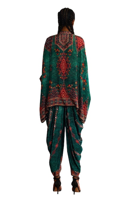 Shop Rajdeep Ranawat Green Modal, Satin Mirrors, Afgaan Oceanic Flora Print And Afghani Dhoti Pant Online at Aza Fashions Shop_Rajdeep Ranawat_Green Modal, Satin Mirrors, Afgaan Oceanic Flora Print And Afghani Dhoti Pant _Online_at_Aza_Fashions