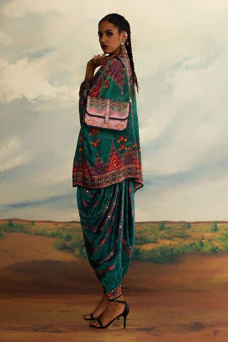 Buy Rajdeep Ranawat Green Modal, Satin Mirrors, Afgaan Oceanic Flora Print And Afghani Dhoti Pant Buy_Rajdeep Ranawat_Green Modal, Satin Mirrors, Afgaan Oceanic Flora Print And Afghani Dhoti Pant