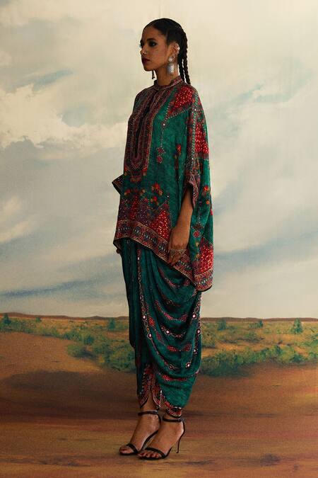 Rajdeep Ranawat_Green Silk Embroidery Bandeau Neck Chanel Phool Jahan Print And Tunic _Online_at_Aza_Fashions