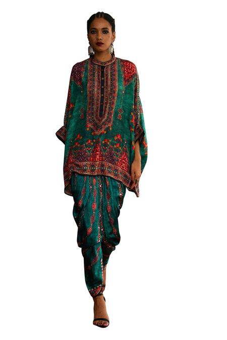 Shop_Rajdeep Ranawat_Green Silk Embroidery Bandeau Neck Chanel Phool Jahan Print And Tunic _Online_at_Aza_Fashions