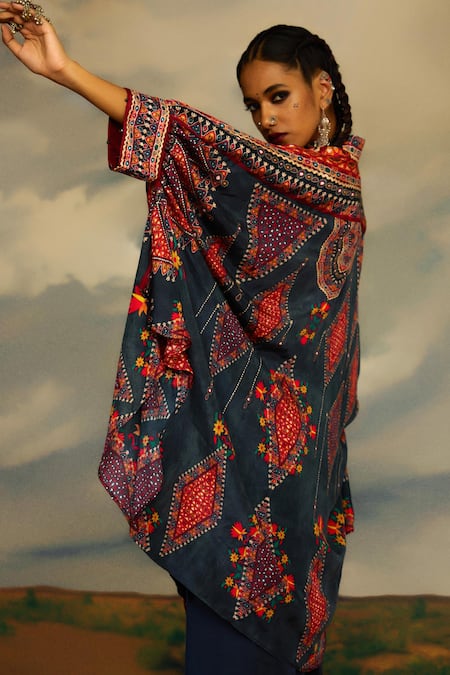 Shop_Rajdeep Ranawat_Grey Silk Embroidery Bandeau Neck Kamara Bloom Mural Print And Tunic _at_Aza_Fashions