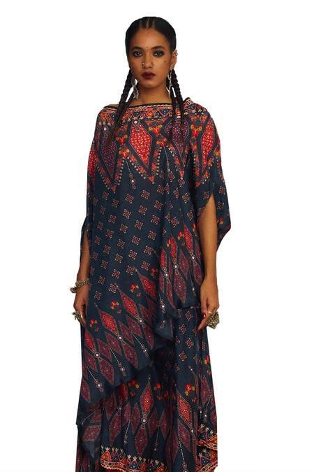 Buy_Rajdeep Ranawat_Grey Silk Mirrors, Embroidery Kamini Saharan Bloom Print And Tunic With Skirt _Online_at_Aza_Fashions