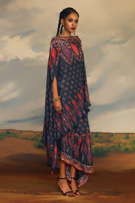 Shop_Rajdeep Ranawat_Grey Silk Mirrors, Embroidery Kamini Saharan Bloom Print And Tunic With Skirt _Online_at_Aza_Fashions