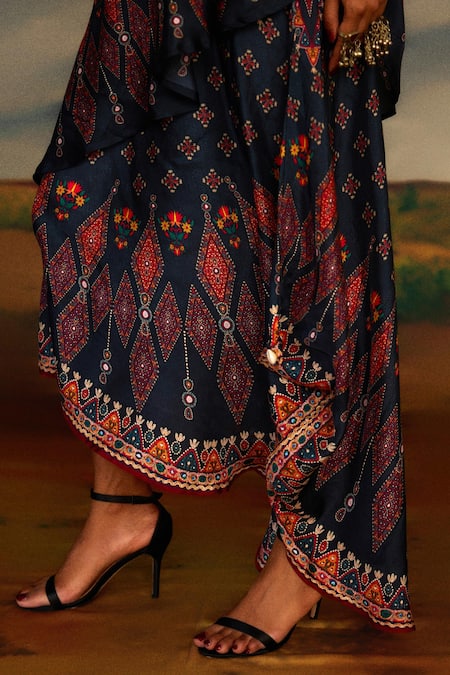 Shop_Rajdeep Ranawat_Grey Silk Mirrors, Embroidery Kamini Saharan Bloom Print And Tunic With Skirt 