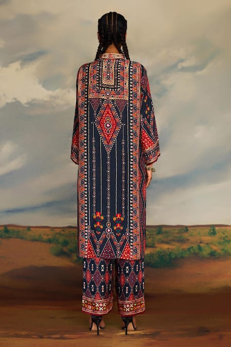 Shop_Rajdeep Ranawat_Grey Silk Embroidery Bandeau Neck Baaka Mayan Art Print And High Low Tunic _at_Aza_Fashions