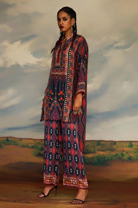 Rajdeep Ranawat_Grey Silk Embroidery Bandeau Neck Baaka Mayan Art Print And High Low Tunic _Online_at_Aza_Fashions