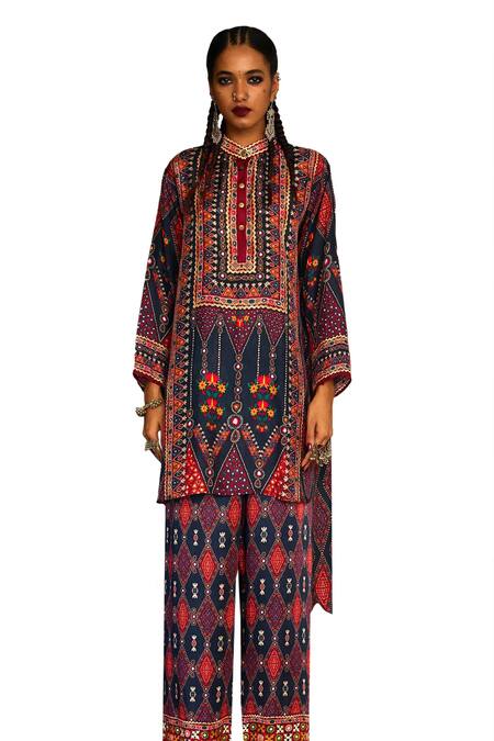 Buy_Rajdeep Ranawat_Grey Silk Embroidery Bandeau Neck Baaka Mayan Art Print And High Low Tunic _Online_at_Aza_Fashions