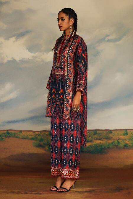 Shop_Rajdeep Ranawat_Grey Silk Embroidery Bandeau Neck Baaka Mayan Art Print And High Low Tunic _Online_at_Aza_Fashions