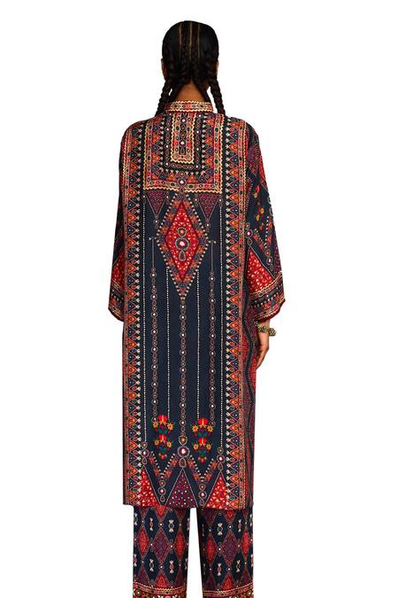 Buy_Rajdeep Ranawat_Grey Silk Embroidery Bandeau Neck Baaka Mayan Art Print And High Low Tunic 