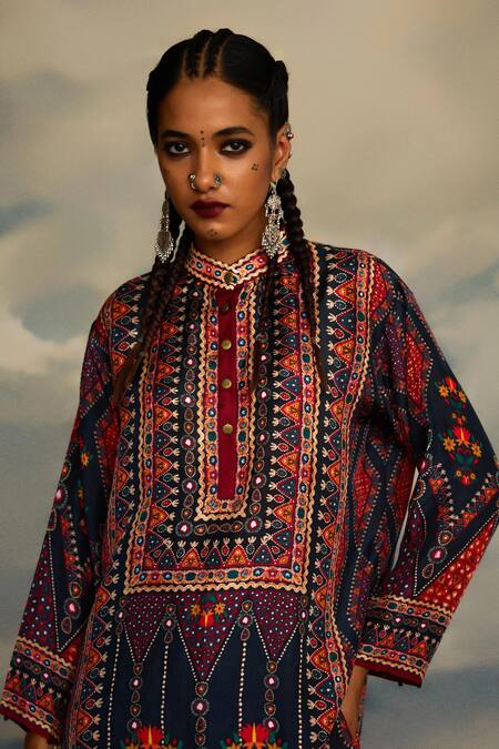 Shop_Rajdeep Ranawat_Grey Silk Embroidery Bandeau Neck Baaka Mayan Art Print And High Low Tunic 