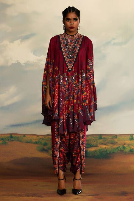 Rajdeep Ranawat_Red Silk Embroidery, Mirrors Farah Gullista Print And Draped Circular Dress _Online_at_Aza_Fashions