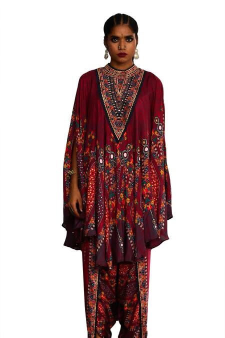 Buy_Rajdeep Ranawat_Red Silk Embroidery, Mirrors Farah Gullista Print And Draped Circular Dress _Online_at_Aza_Fashions