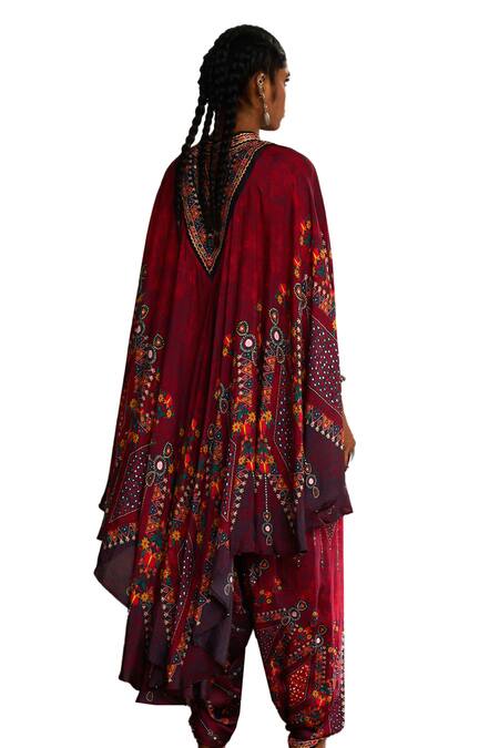Shop_Rajdeep Ranawat_Red Silk Embroidery, Mirrors Farah Gullista Print And Draped Circular Dress _Online_at_Aza_Fashions