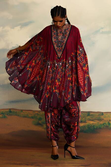 Rajdeep Ranawat_Red Silk Embroidery, Mirrors Farah Gullista Print And Draped Circular Dress _at_Aza_Fashions