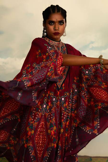 Buy_Rajdeep Ranawat_Red Silk Embroidery, Mirrors Farah Gullista Print And Draped Circular Dress 