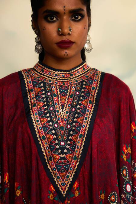 Shop_Rajdeep Ranawat_Red Silk Embroidery, Mirrors Farah Gullista Print And Draped Circular Dress 