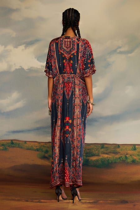 Shop_Rajdeep Ranawat_Grey Silk Sequins, Mirrors V-neck Kusum Bahar Print And Embroidered Kaftan _at_Aza_Fashions