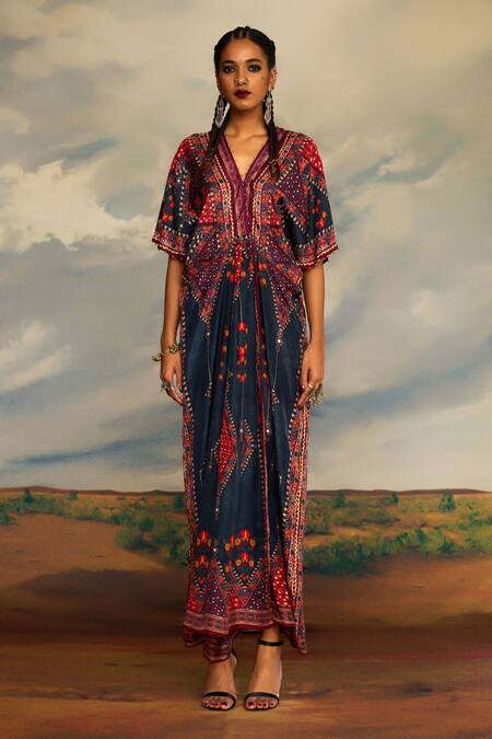 Rajdeep Ranawat_Grey Silk Sequins, Mirrors V-neck Kusum Bahar Print And Embroidered Kaftan _Online_at_Aza_Fashions