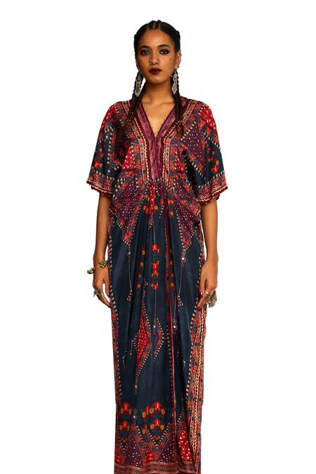 Buy_Rajdeep Ranawat_Grey Silk Sequins, Mirrors V-neck Kusum Bahar Print And Embroidered Kaftan _Online_at_Aza_Fashions