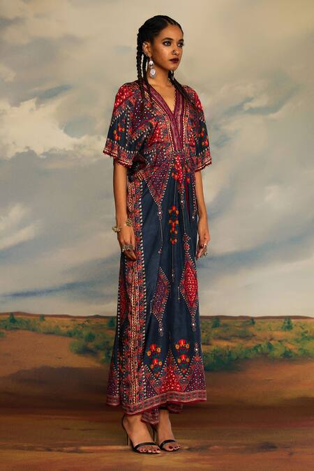 Shop_Rajdeep Ranawat_Grey Silk Sequins, Mirrors V-neck Kusum Bahar Print And Embroidered Kaftan _Online_at_Aza_Fashions