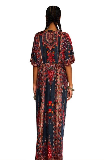 Rajdeep Ranawat_Grey Silk Sequins, Mirrors V-neck Kusum Bahar Print And Embroidered Kaftan _at_Aza_Fashions