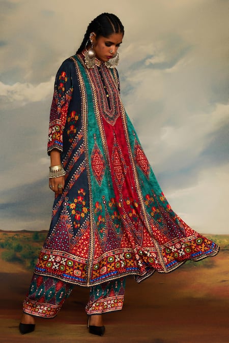 Buy_Rajdeep Ranawat_Multi Color Silk Embroidery Bandeau Neck Front Panel Anarkali 