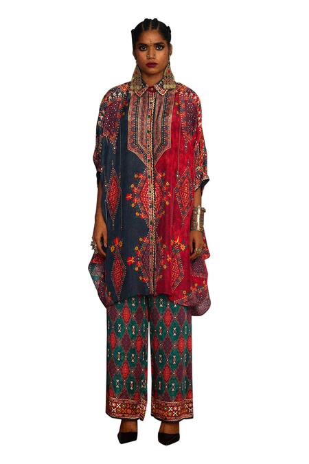 Rajdeep Ranawat_Multi Color Silk Embroidery Collared Floral Geometric Kaftan Kurta _Online_at_Aza_Fashions
