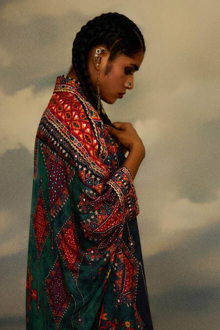 Buy_Rajdeep Ranawat_Multi Color Silk Embroidery Collared Floral Geometric Kaftan Kurta _Online_at_Aza_Fashions