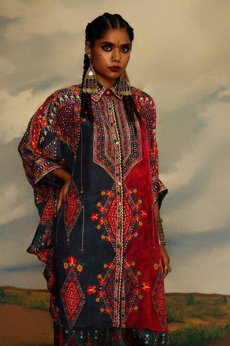 Rajdeep Ranawat_Multi Color Silk Embroidery Collared Floral Geometric Kaftan Kurta _at_Aza_Fashions