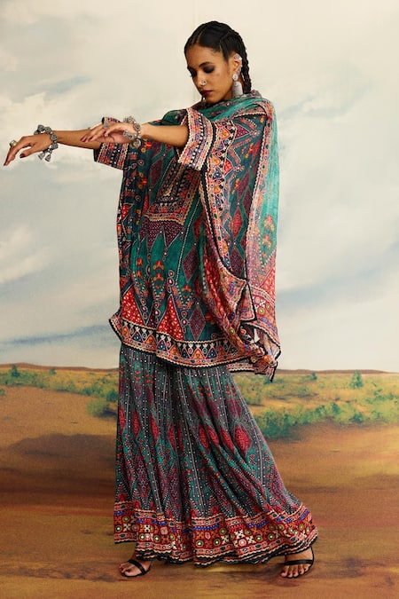 Shop_Rajdeep Ranawat_Multi Color Silk Printed Mirror Sharara 