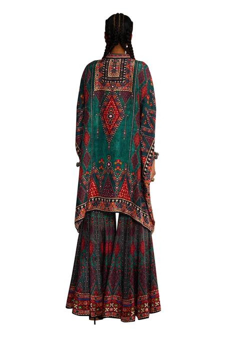 Rajdeep Ranawat Green Silk Embroidery, Mirrors Bandeau Neck Placket Tunic at Aza Fashions Rajdeep Ranawat_Green Silk Embroidery, Mirrors Bandeau Neck Placket Tunic _at_Aza_Fashions