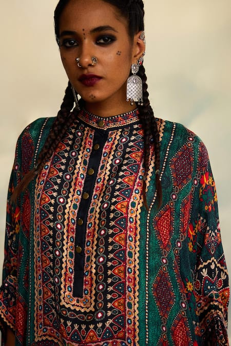 Buy Rajdeep Ranawat Green Silk Embroidery, Mirrors Bandeau Neck Placket Tunic Buy_Rajdeep Ranawat_Green Silk Embroidery, Mirrors Bandeau Neck Placket Tunic