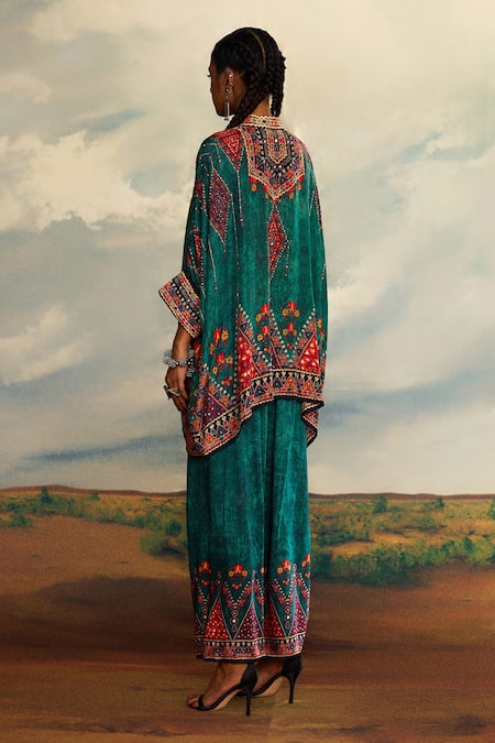 Shop_Rajdeep Ranawat_Green Silk Embroidery, Mirrors Bandeau Neck Floral Geometric Pattern Tunic _at_Aza_Fashions