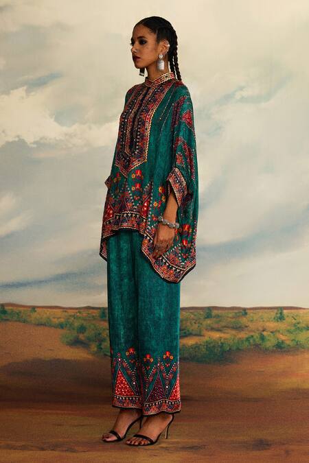 Buy_Rajdeep Ranawat_Green Silk Embroidery, Mirrors Bandeau Neck Floral Geometric Pattern Tunic _Online_at_Aza_Fashions
