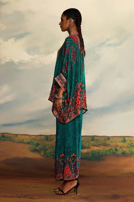 Shop_Rajdeep Ranawat_Green Silk Embroidery, Mirrors Bandeau Neck Floral Geometric Pattern Tunic _Online_at_Aza_Fashions