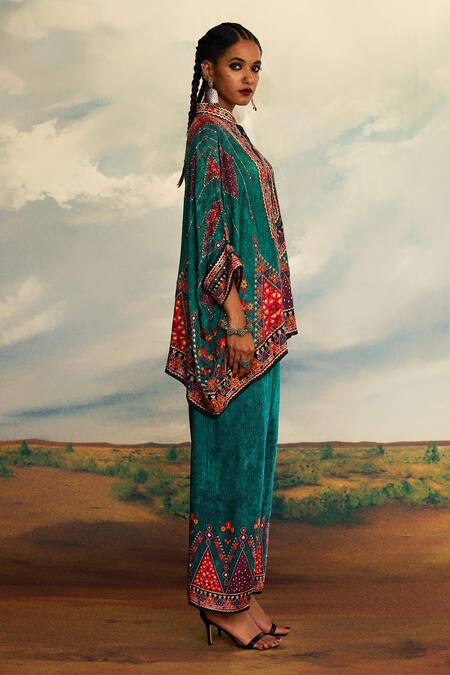 Rajdeep Ranawat_Green Silk Embroidery, Mirrors Bandeau Neck Floral Geometric Pattern Tunic _at_Aza_Fashions
