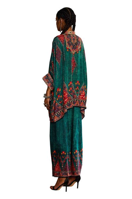Buy_Rajdeep Ranawat_Green Silk Embroidery, Mirrors Bandeau Neck Floral Geometric Pattern Tunic 