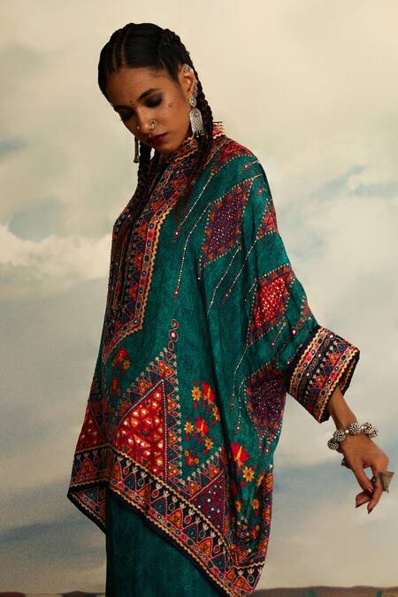 Shop_Rajdeep Ranawat_Green Silk Embroidery, Mirrors Bandeau Neck Floral Geometric Pattern Tunic 