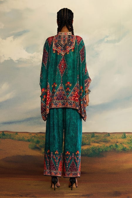 Shop_Rajdeep Ranawat_Green Modal, Satin Permaz Geometric Print Hem Palazzo _at_Aza_Fashions