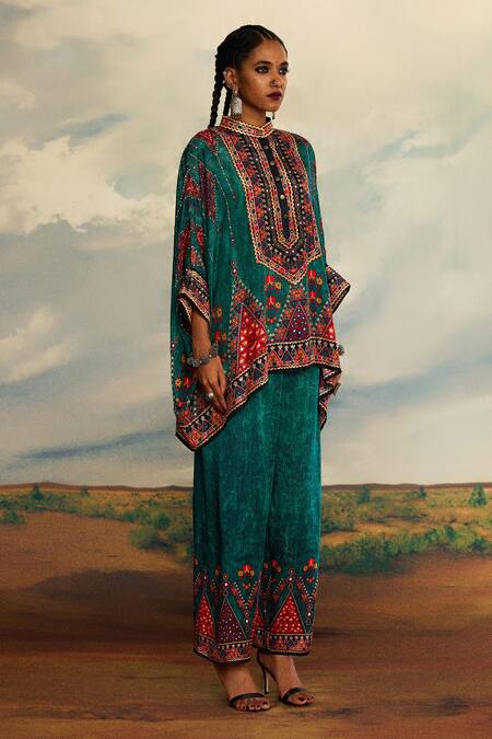 Rajdeep Ranawat_Green Modal, Satin Permaz Geometric Print Hem Palazzo _Online_at_Aza_Fashions