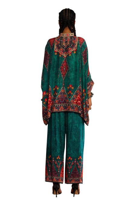 Buy_Rajdeep Ranawat_Green Modal, Satin Permaz Geometric Print Hem Palazzo _Online_at_Aza_Fashions
