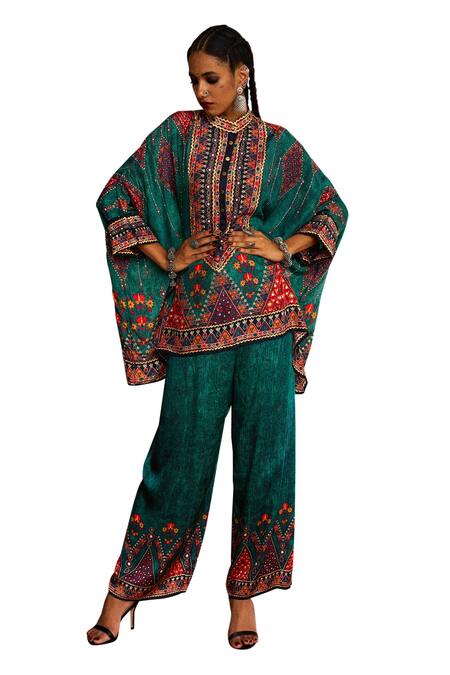 Shop_Rajdeep Ranawat_Green Modal, Satin Permaz Geometric Print Hem Palazzo _Online_at_Aza_Fashions