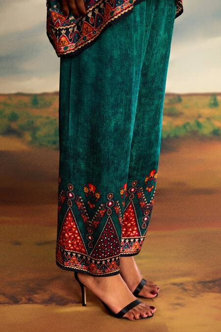 Rajdeep Ranawat_Green Modal, Satin Permaz Geometric Print Hem Palazzo _at_Aza_Fashions