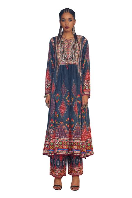 Rajdeep Ranawat_Grey Silk Embroidery, Mirrors Round Neck Anisha Anarkali _Online_at_Aza_Fashions