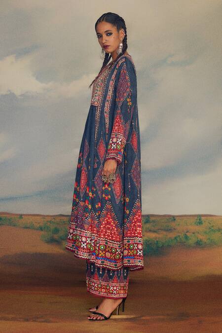 Shop_Rajdeep Ranawat_Grey Silk Embroidery, Mirrors Round Neck Anisha Anarkali _Online_at_Aza_Fashions