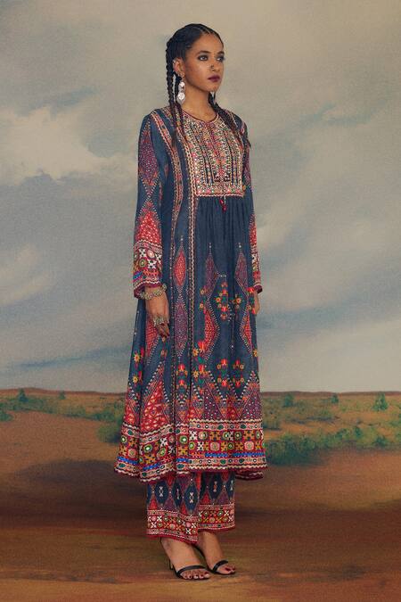 Rajdeep Ranawat_Grey Silk Embroidery, Mirrors Round Neck Anisha Anarkali _at_Aza_Fashions