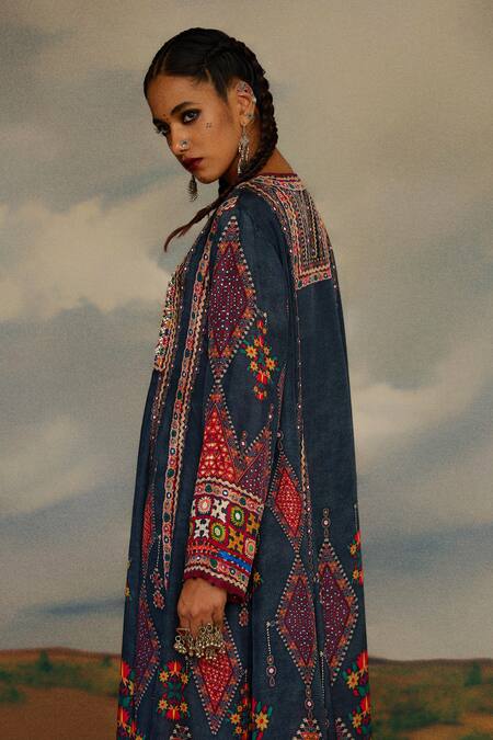 Shop_Rajdeep Ranawat_Grey Silk Embroidery, Mirrors Round Neck Anisha Anarkali 